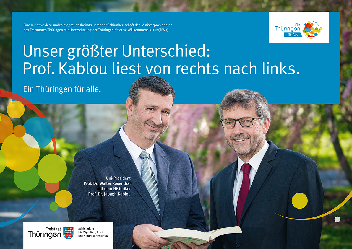 Prof. Dr. Jabagh Kablou, Stipendiat der Philipp-Schwartz-Initiative der Alexander-von-Humboldt-Stiftung mit Unterstützung des Auswärtigen Amtes, Student an der FSU Jena, gemeinsam mit Prof. Dr. Walther Rosenthal, Präsident der FSU Jena und Willkommensbotschafter der Kampagne