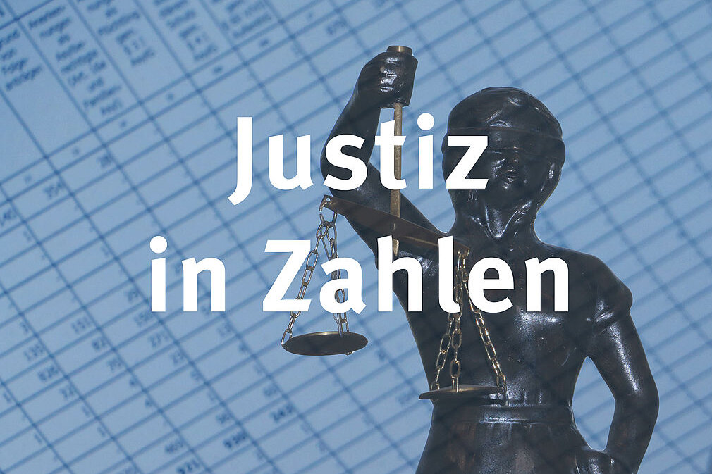 Tabelle im Hintergrund mit einer Justitia im Vordergrund und dem Titel in weißer Schrift Justitia in Zahlen