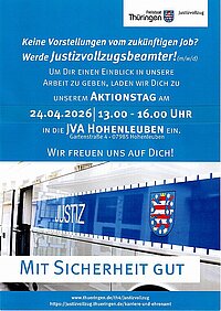 Plakat: Die Justizvollzugsanstalt Hohenleuben lädt am 24. April von13 bis 16 Uhr zu einem Aktionstag ein.
